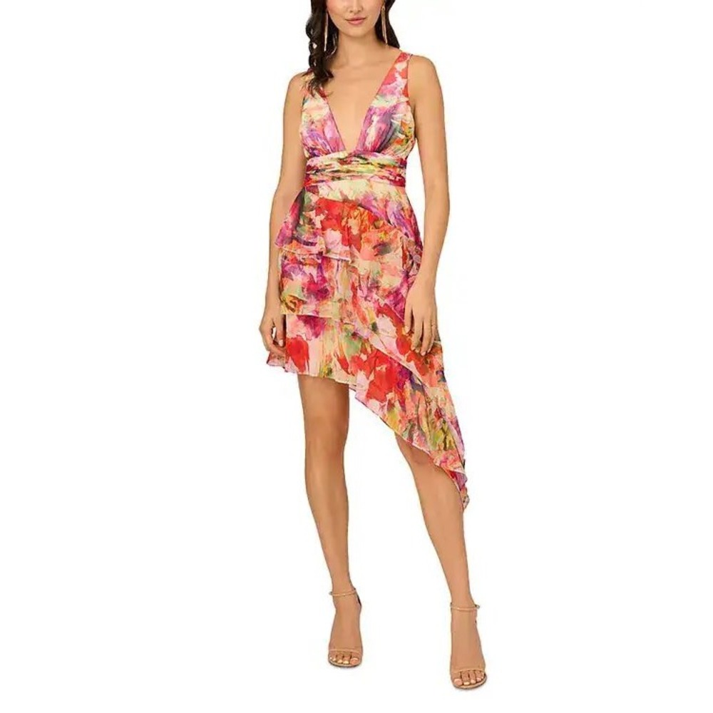 Liv Foster Sleeveless Chiffon Vibrant Watercolor Asymmetric Tiered Hem Dress 8
